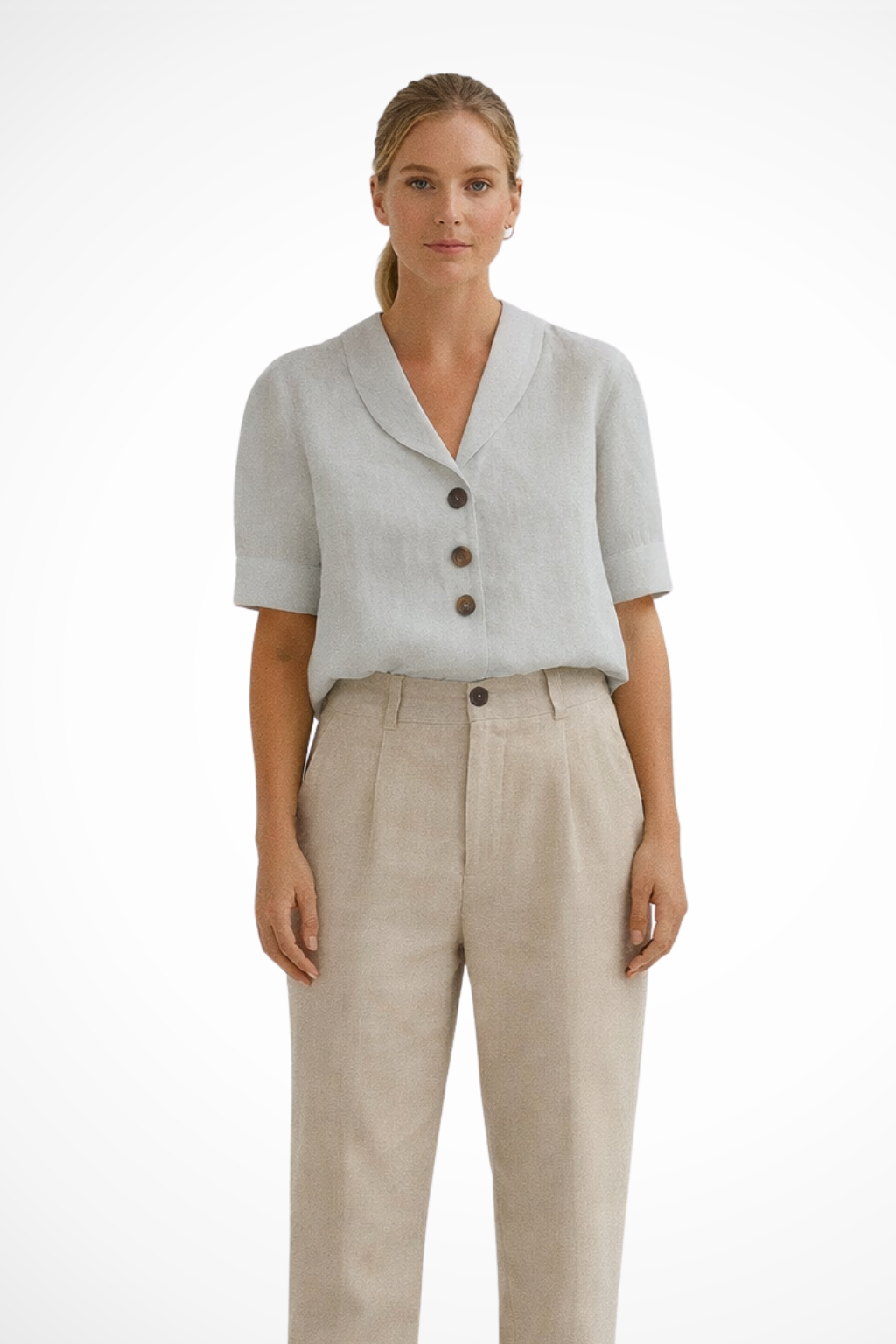 Isadora | Elegant Linen Blend Button Front Soft Collar Blouse