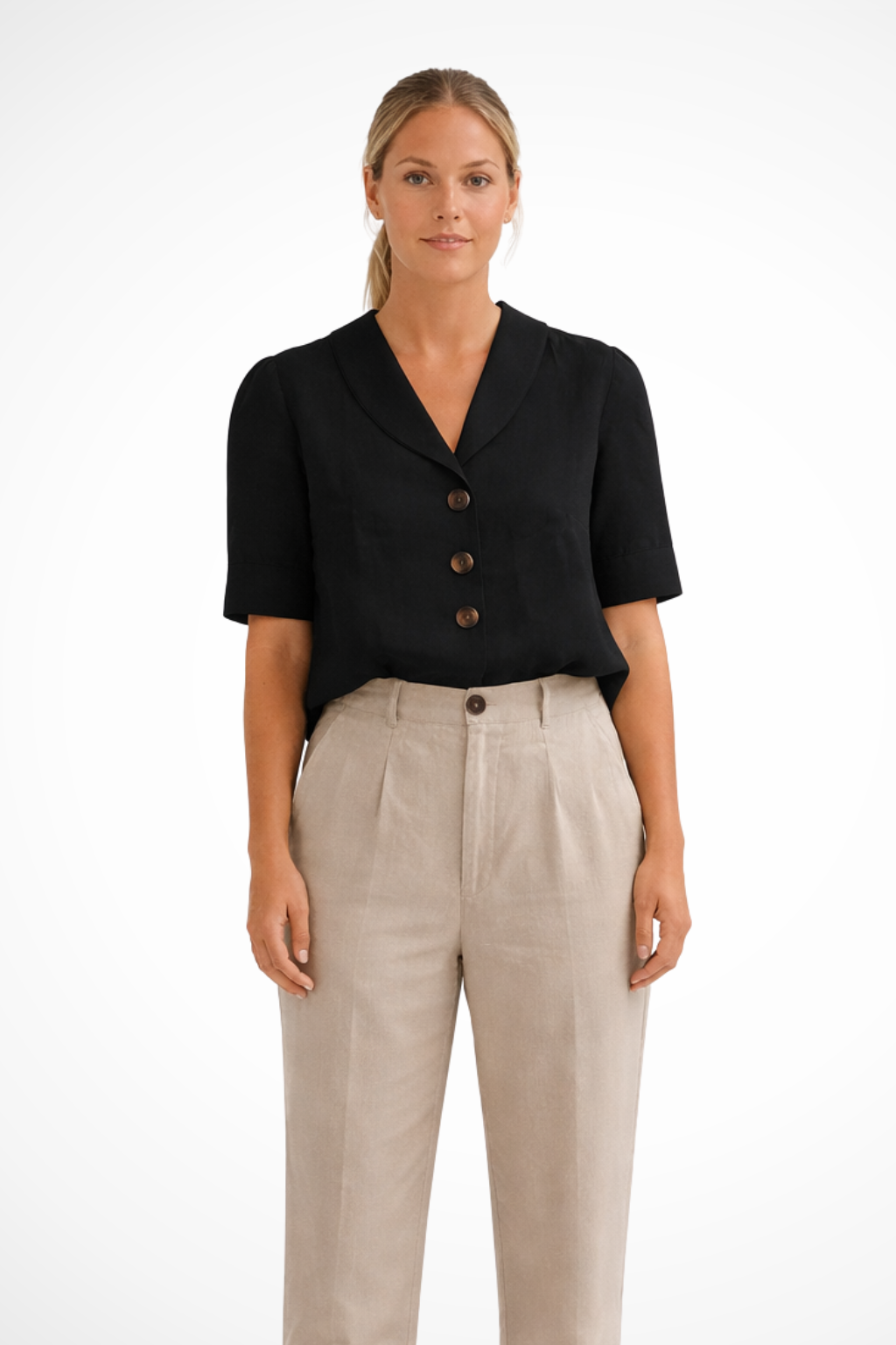 Isadora | Elegant Linen Blend Button Front Soft Collar Blouse