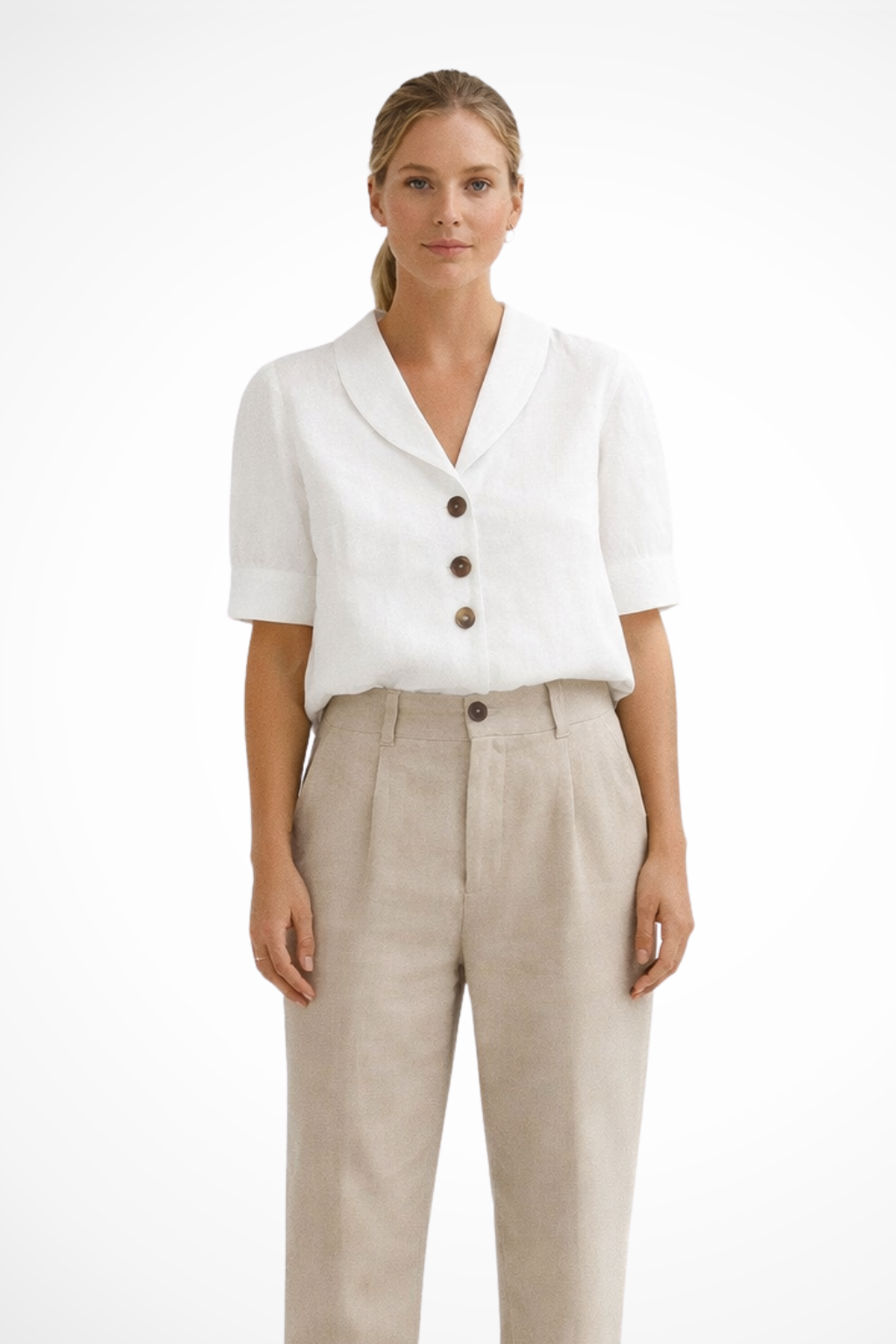 Isadora | Elegant Linen Blend Button Front Soft Collar Blouse
