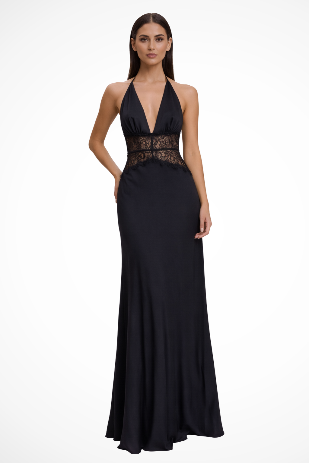 Mirabelle | Elegant Halter Neck Lace Detail Maxi Dress