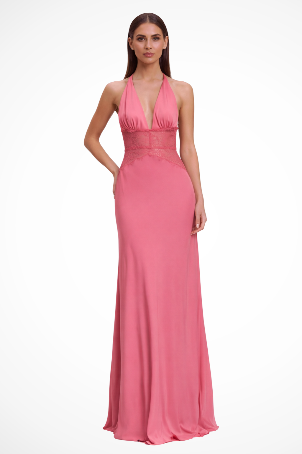 Mirabelle | Elegant Halter Neck Lace Detail Maxi Dress