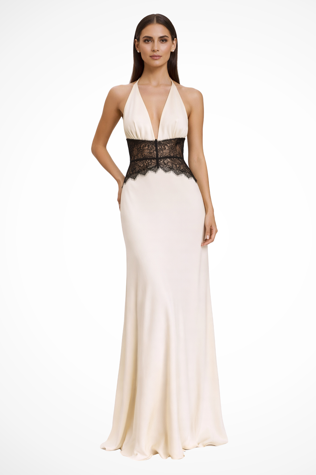 Mirabelle | Elegant Halter Neck Lace Detail Maxi Dress