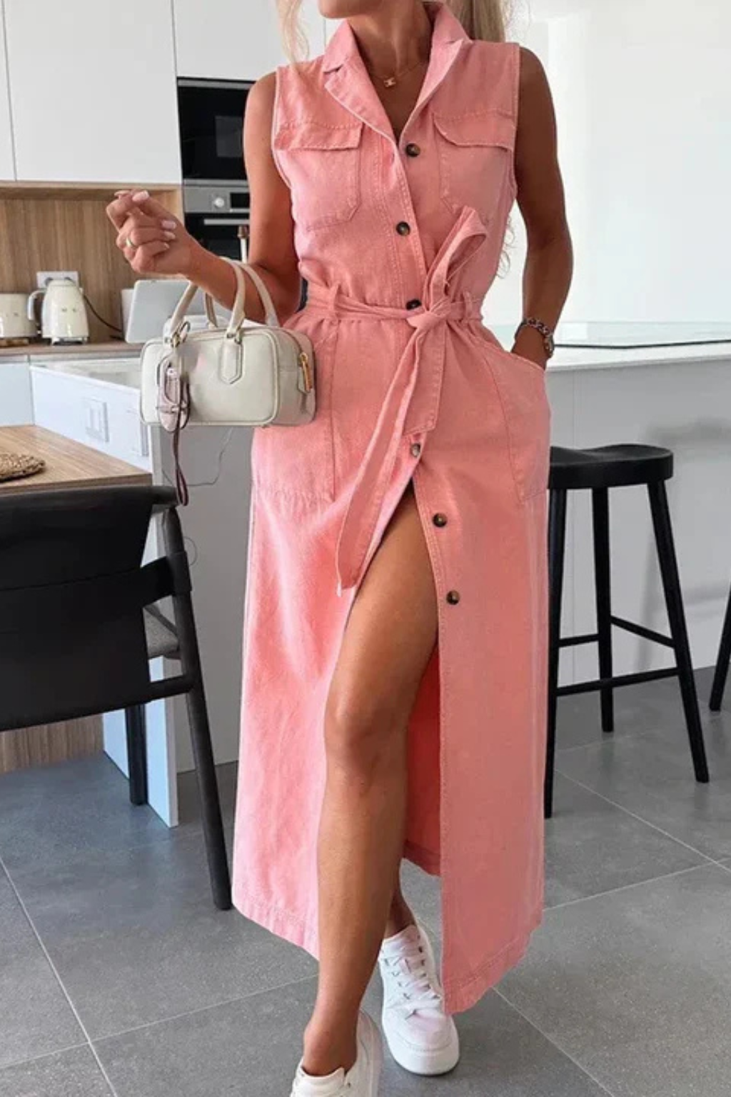 Adrienne | Effortless Belted Button Down Denim Maxi Dress