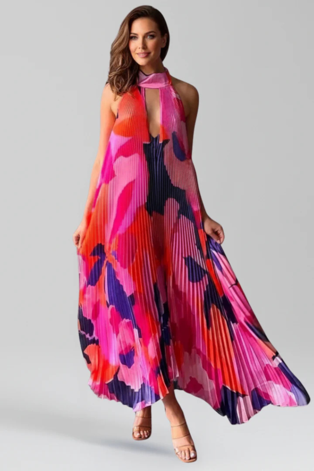 Luneth | Elegant Pleated Halter Maxi Dress