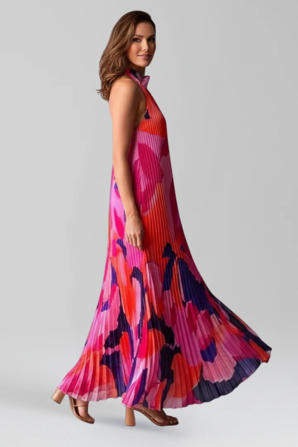 Luneth | Elegant Pleated Halter Maxi Dress