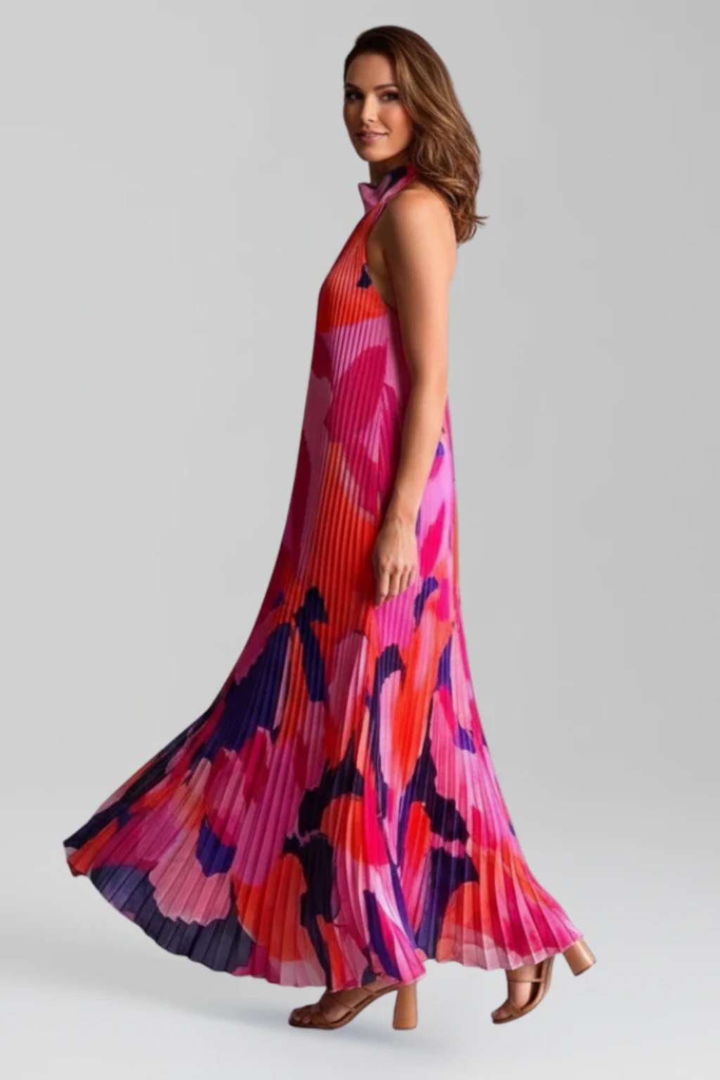 Luneth | Elegant Pleated Halter Maxi Dress