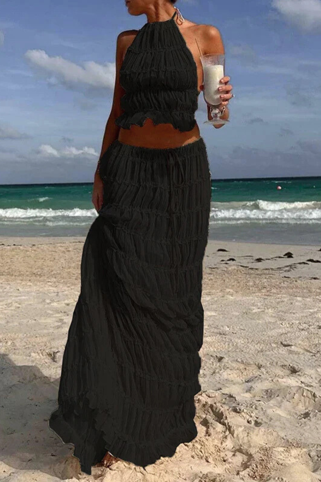 Evangeline | Elegant Ruched Halter Two Piece Set