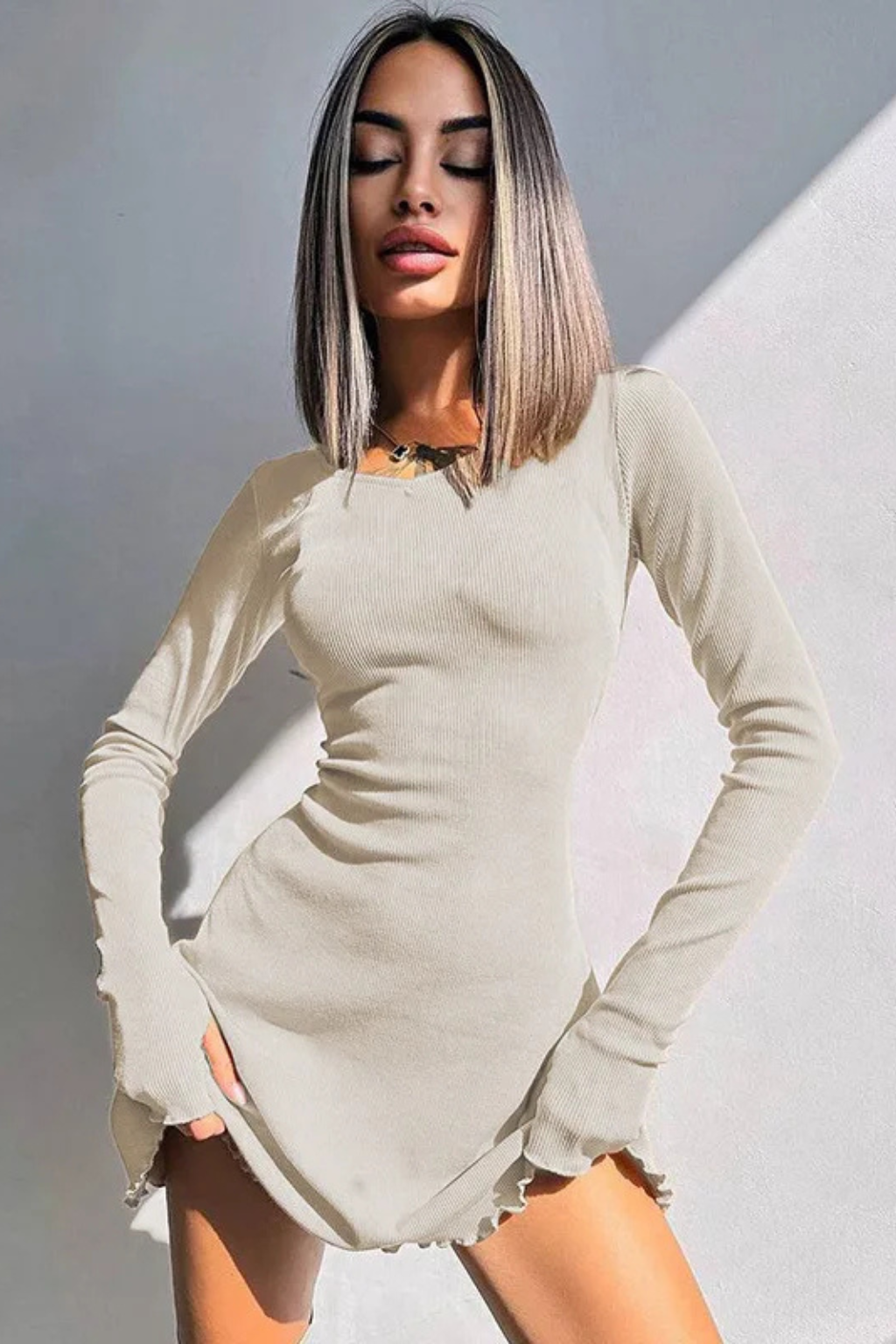 Isadora | Elegant Ribbed Bodycon Scalloped Hem Mini Dress