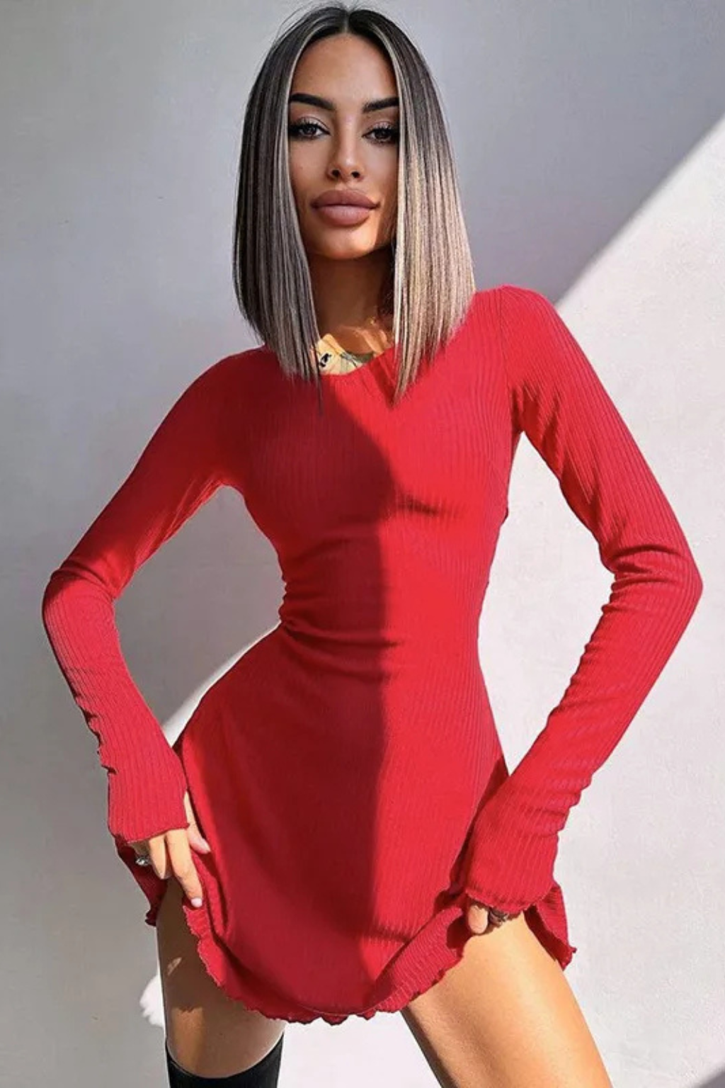 Isadora | Elegant Ribbed Bodycon Scalloped Hem Mini Dress