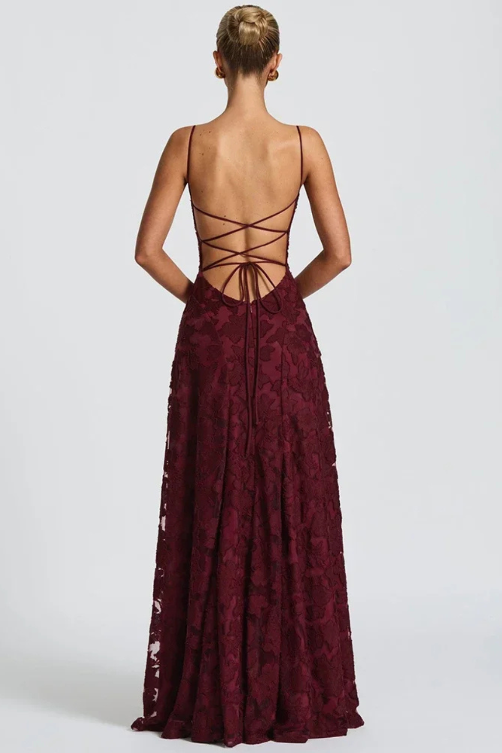 Claribel | Elegant Floral Jacquard Lace-Up Back Formal Maxi Dress