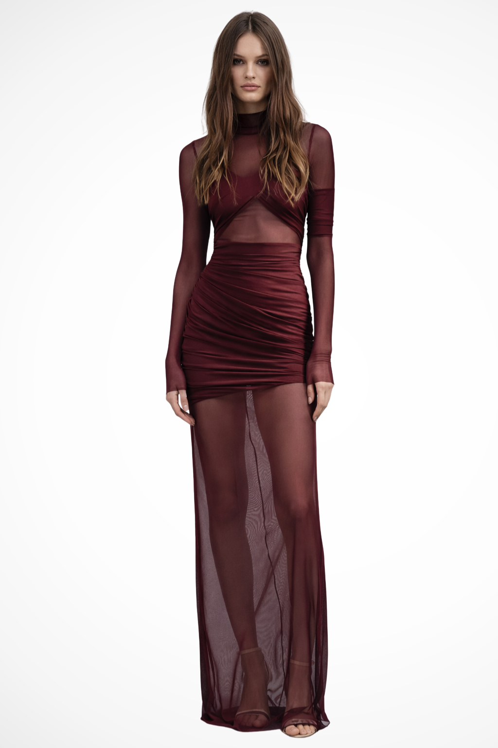Rowella | Sophisticated Sheer Mesh Layered Ruched Maxi Dress