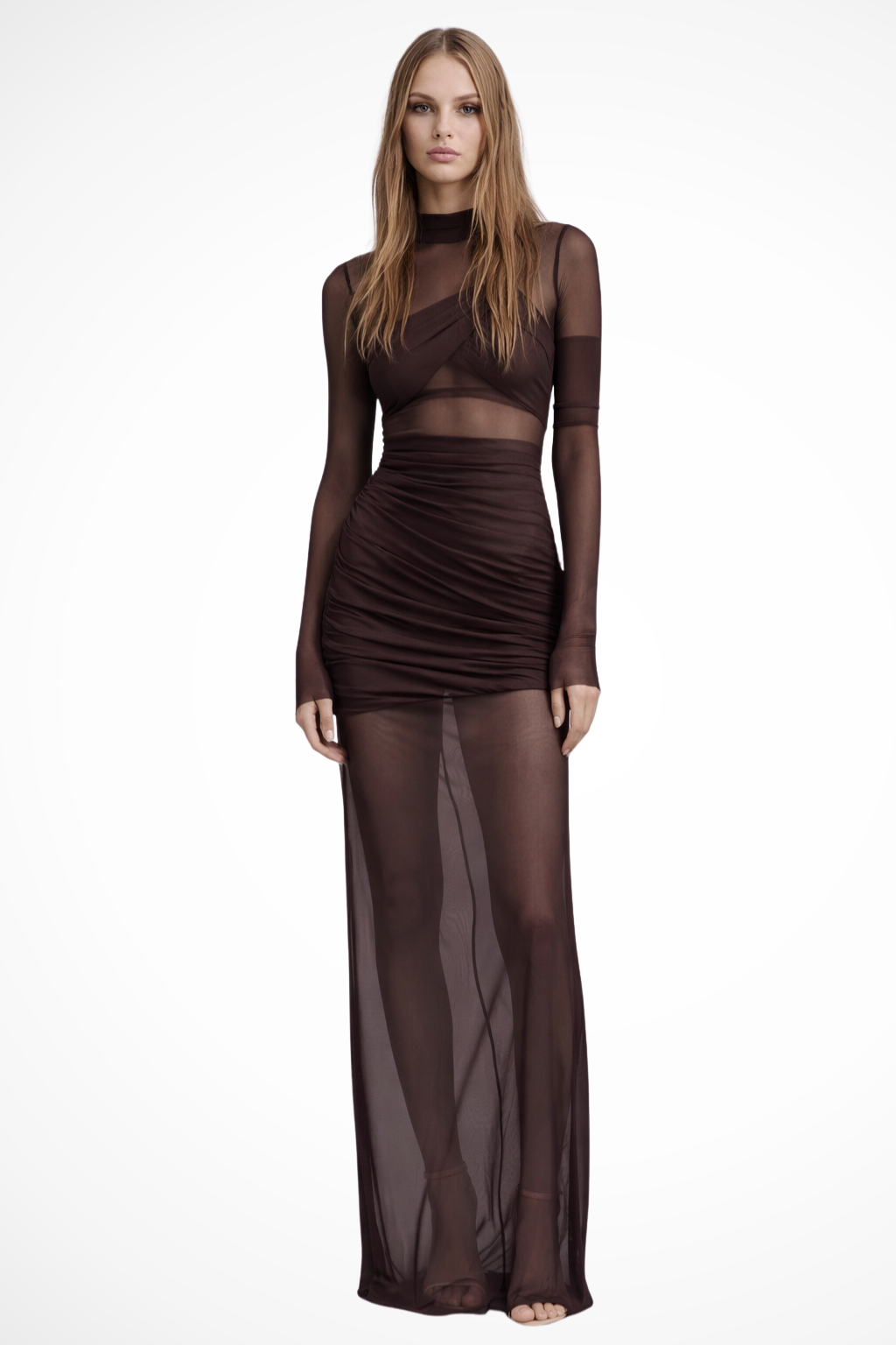 Rowella | Sophisticated Sheer Mesh Layered Ruched Maxi Dress