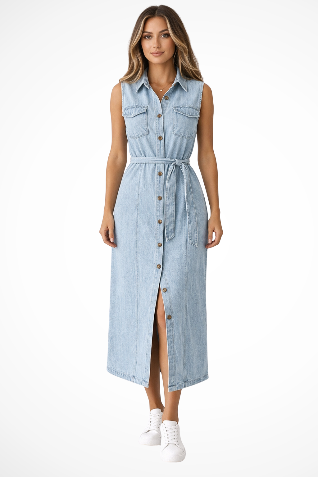 Adrienne | Effortless Belted Button Down Denim Maxi Dress