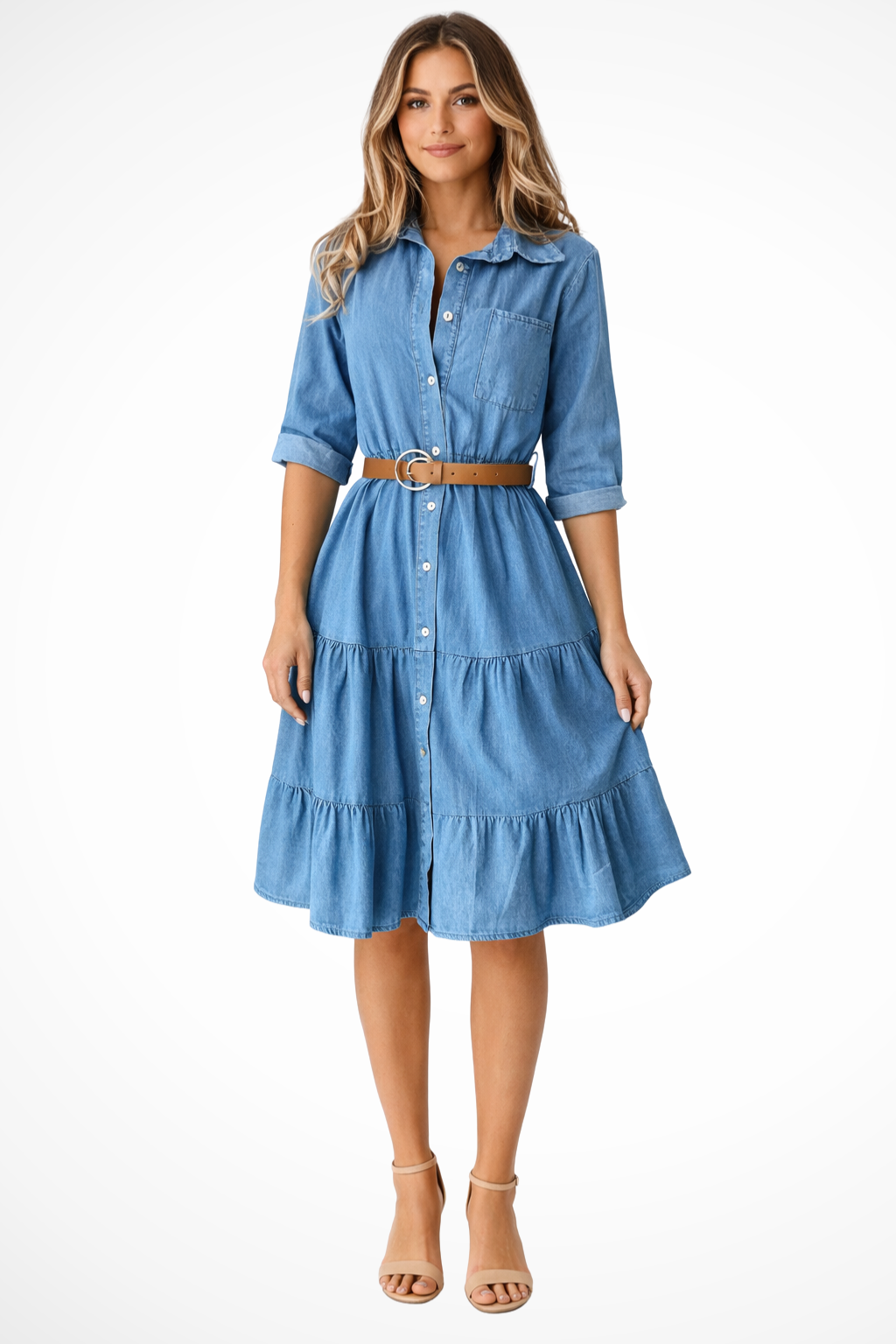 Claribel | Elegant Tiered Denim Midi Dress