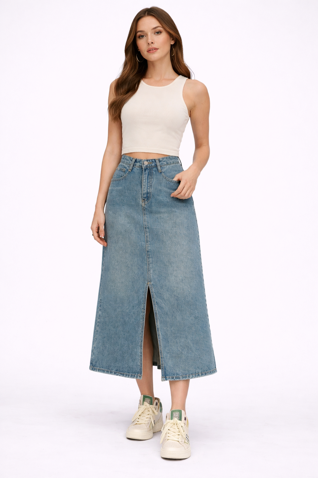 Adrielle | Classic A-Line Front Split Jean Skirt