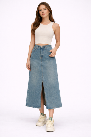Adrielle | Classic A-Line Front Split Jean Skirt