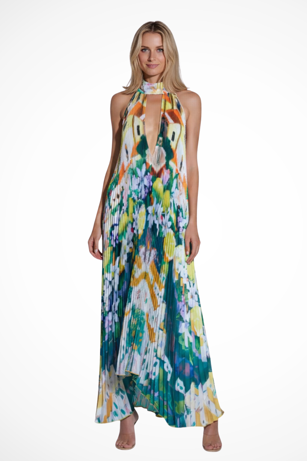 Luneth | Elegant Pleated Halter Maxi Dress