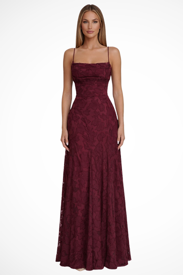 Claribel | Elegant Floral Jacquard Lace-Up Back Formal Maxi Dress