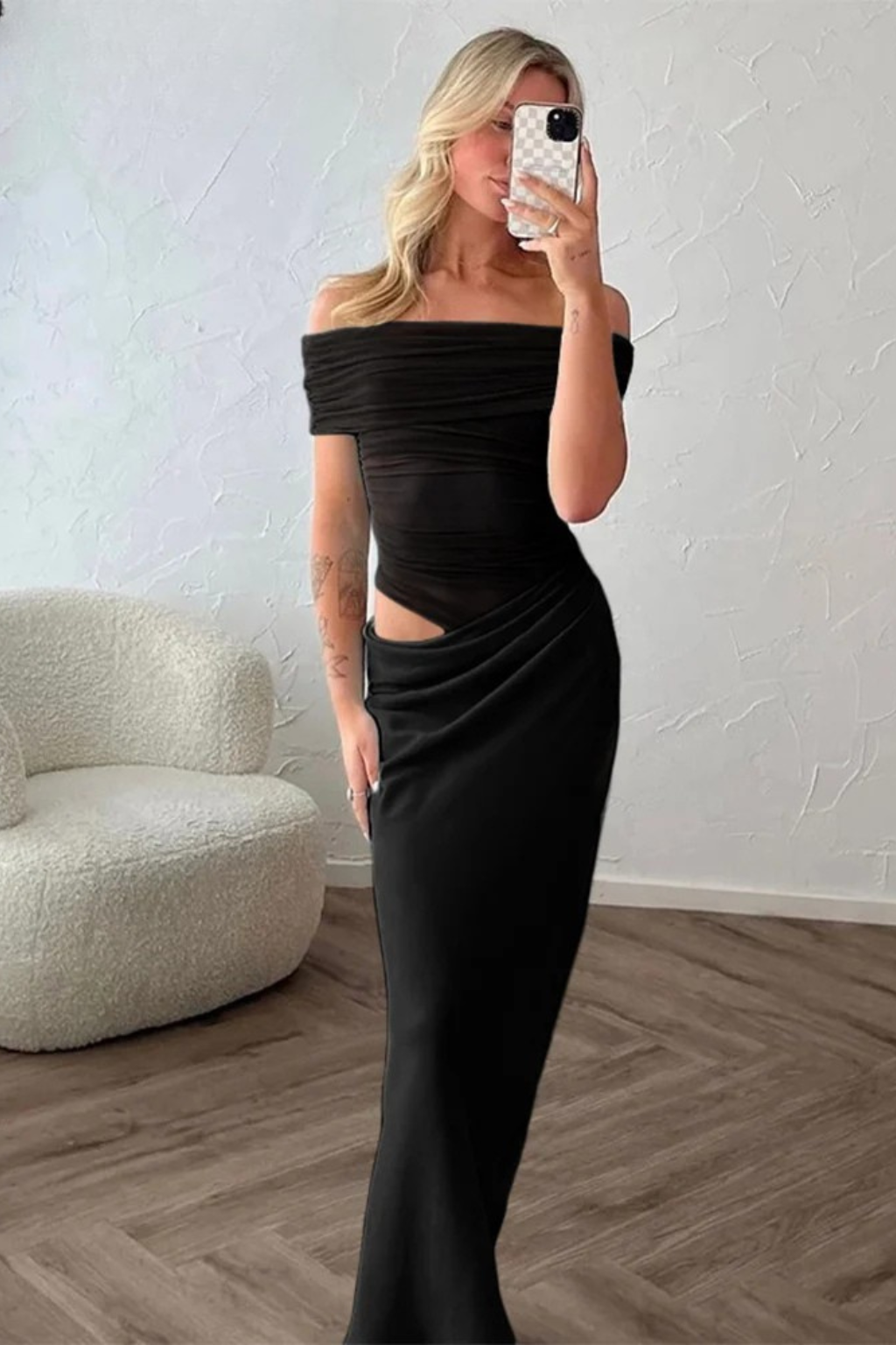 Adrielle | Elegant Off Shoulder Ruched Mesh Bodycon Maxi Dress