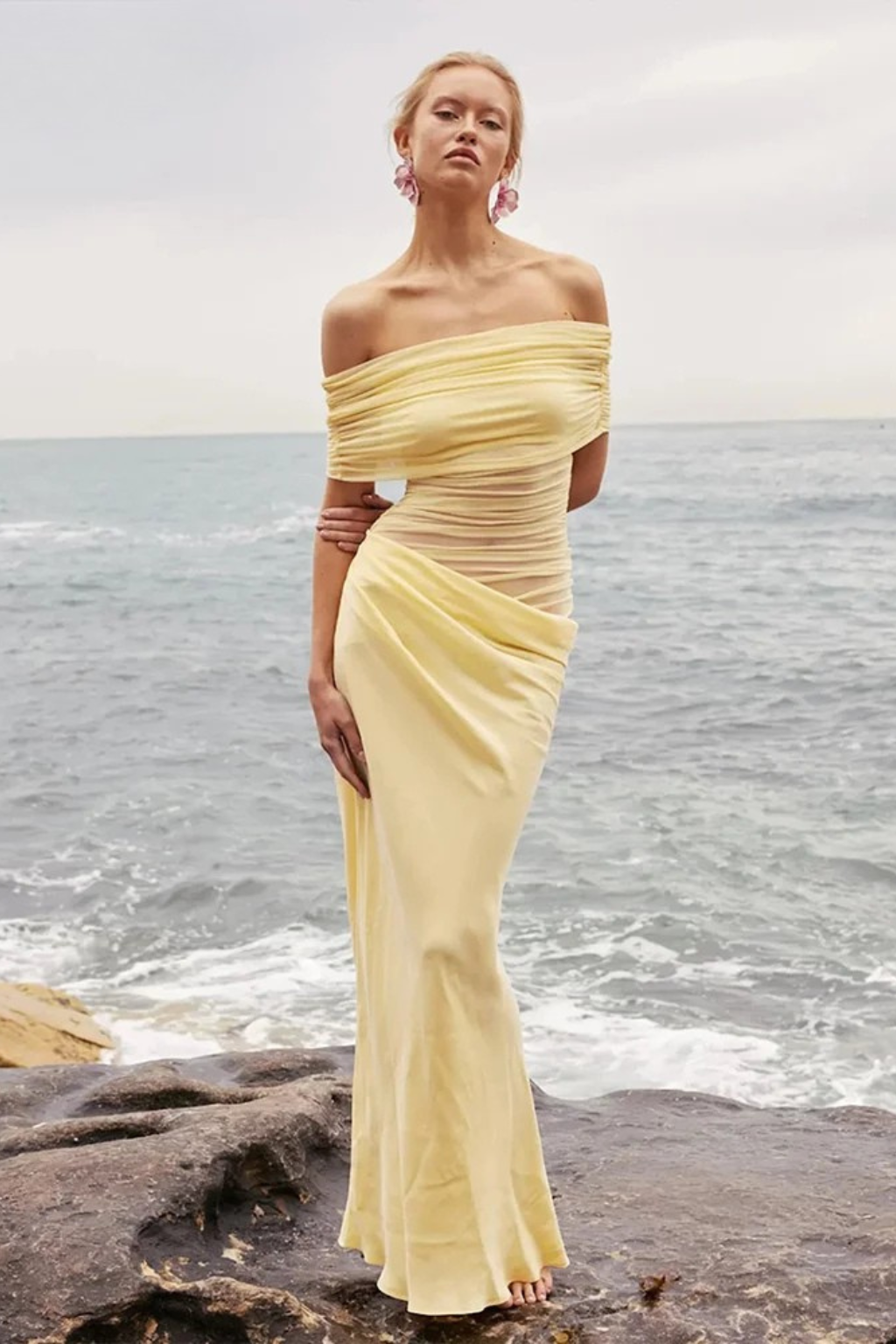 Adrielle | Elegant Off Shoulder Ruched Mesh Bodycon Maxi Dress