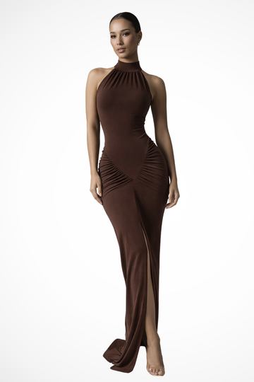 Claribel | Elegant Halter Neck Ruched Maxi Dress
