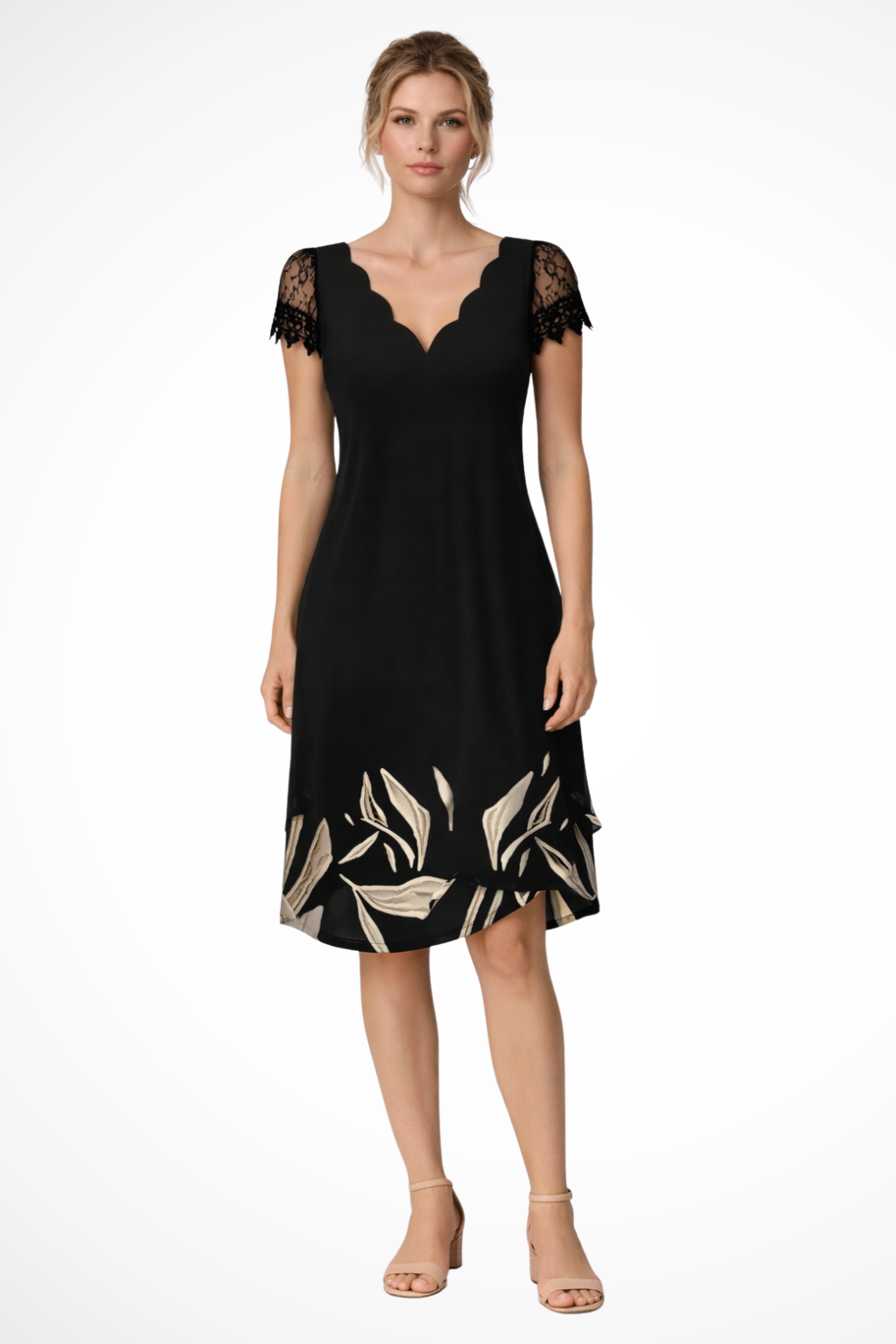Luneth | Elegant Lace Sleeve V-Neck Floral Print Knee Length Wedding Guest Dress
