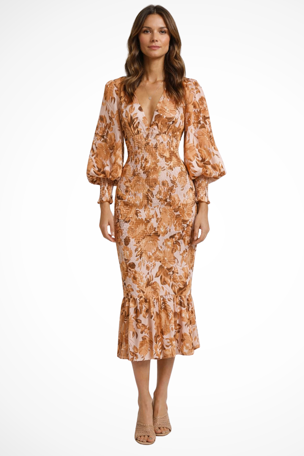 Seraphina | Floral V-Neck Balloon Sleeve Midi Dress