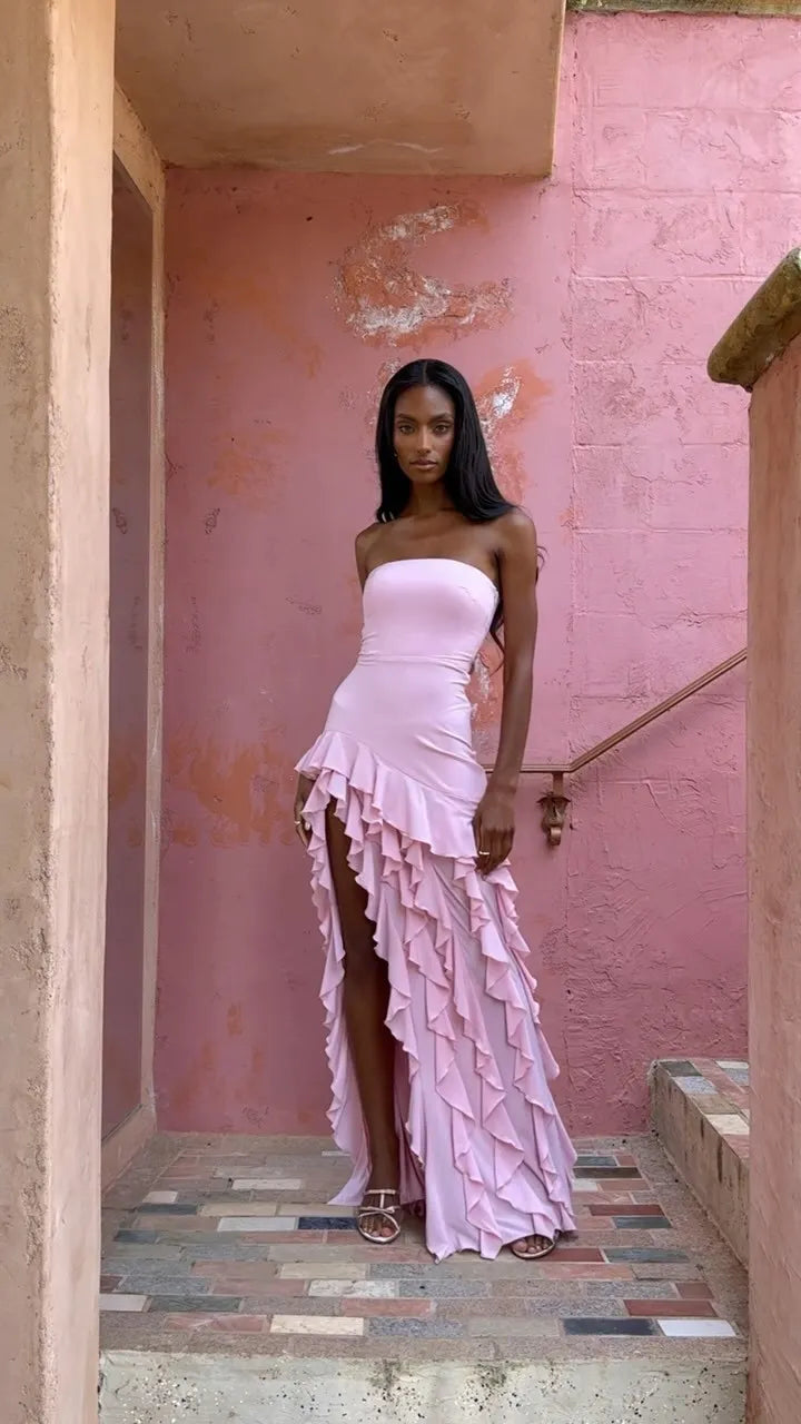 Seraphina | Elegant One Shoulder Ruffle Hem Midi Dress  Brooke and Jones