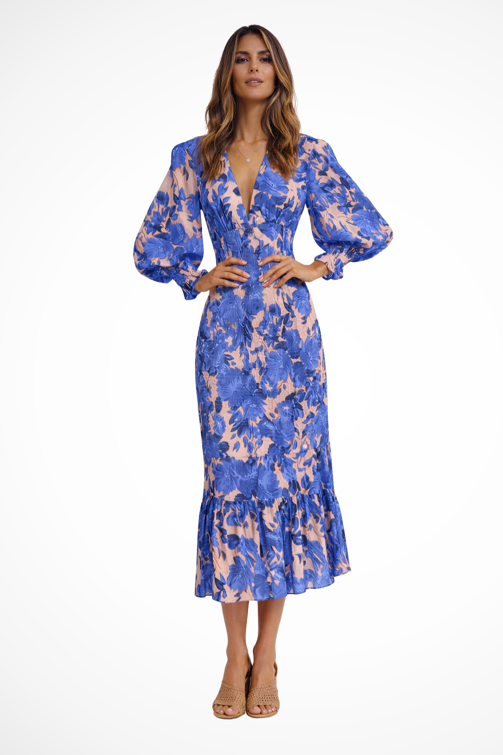 Seraphina | Floral V-Neck Balloon Sleeve Midi Dress