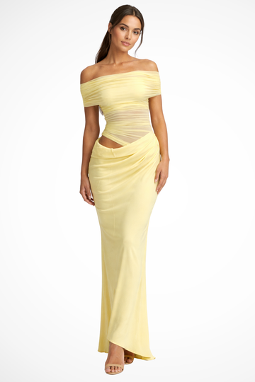 Adrielle | Elegant Off Shoulder Ruched Mesh Bodycon Maxi Dress