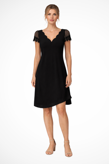 Luneth | Elegant Lace Sleeve V-Neck Floral Print Knee Length Wedding Guest Dress