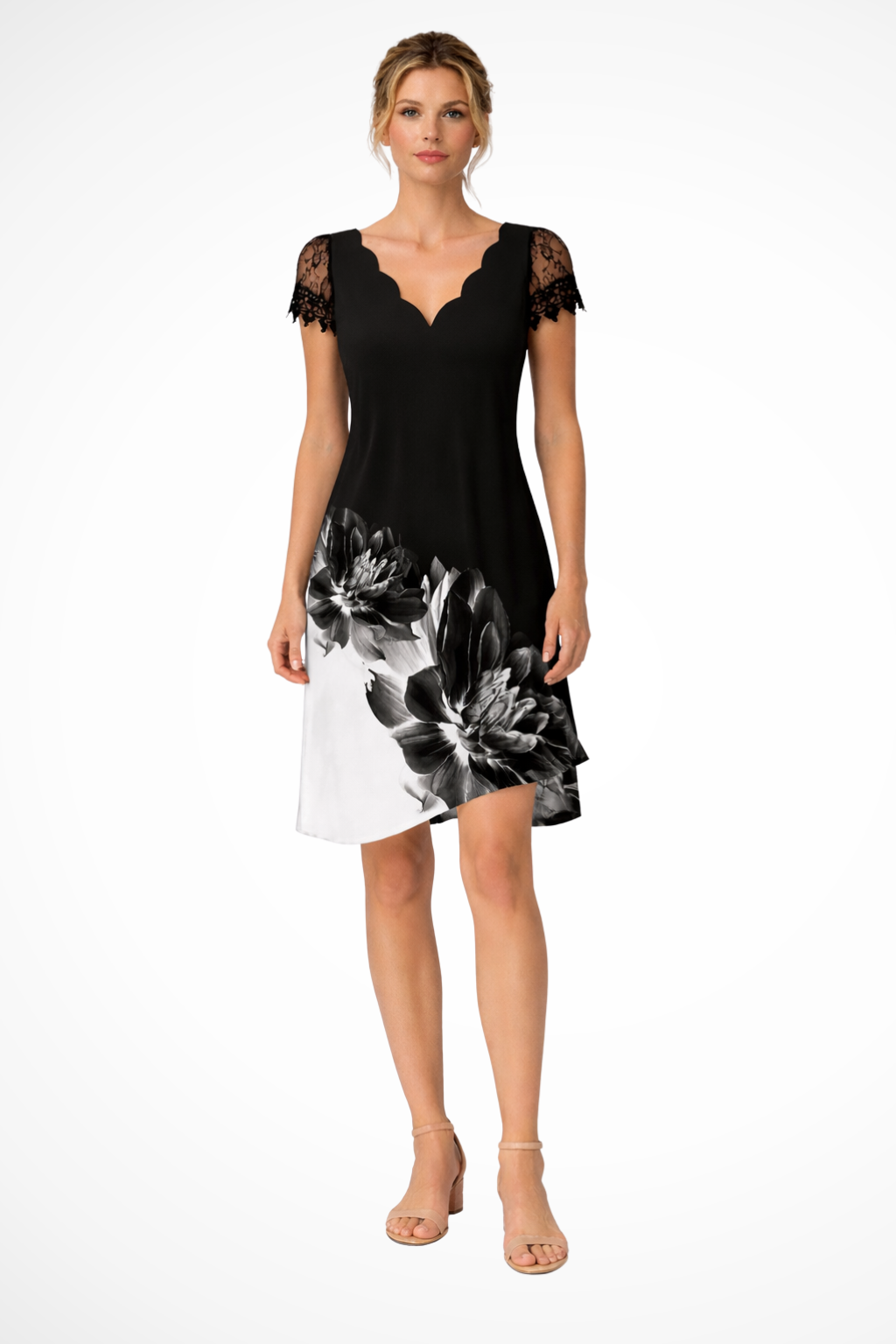 Luneth | Elegant Lace Sleeve V-Neck Floral Print Knee Length Wedding Guest Dress