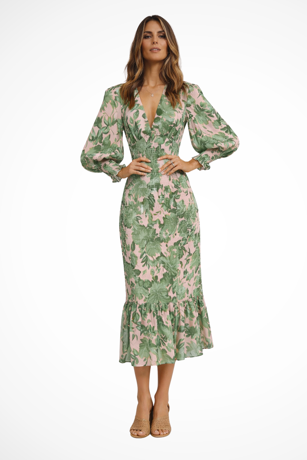 Seraphina | Floral V-Neck Balloon Sleeve Midi Dress