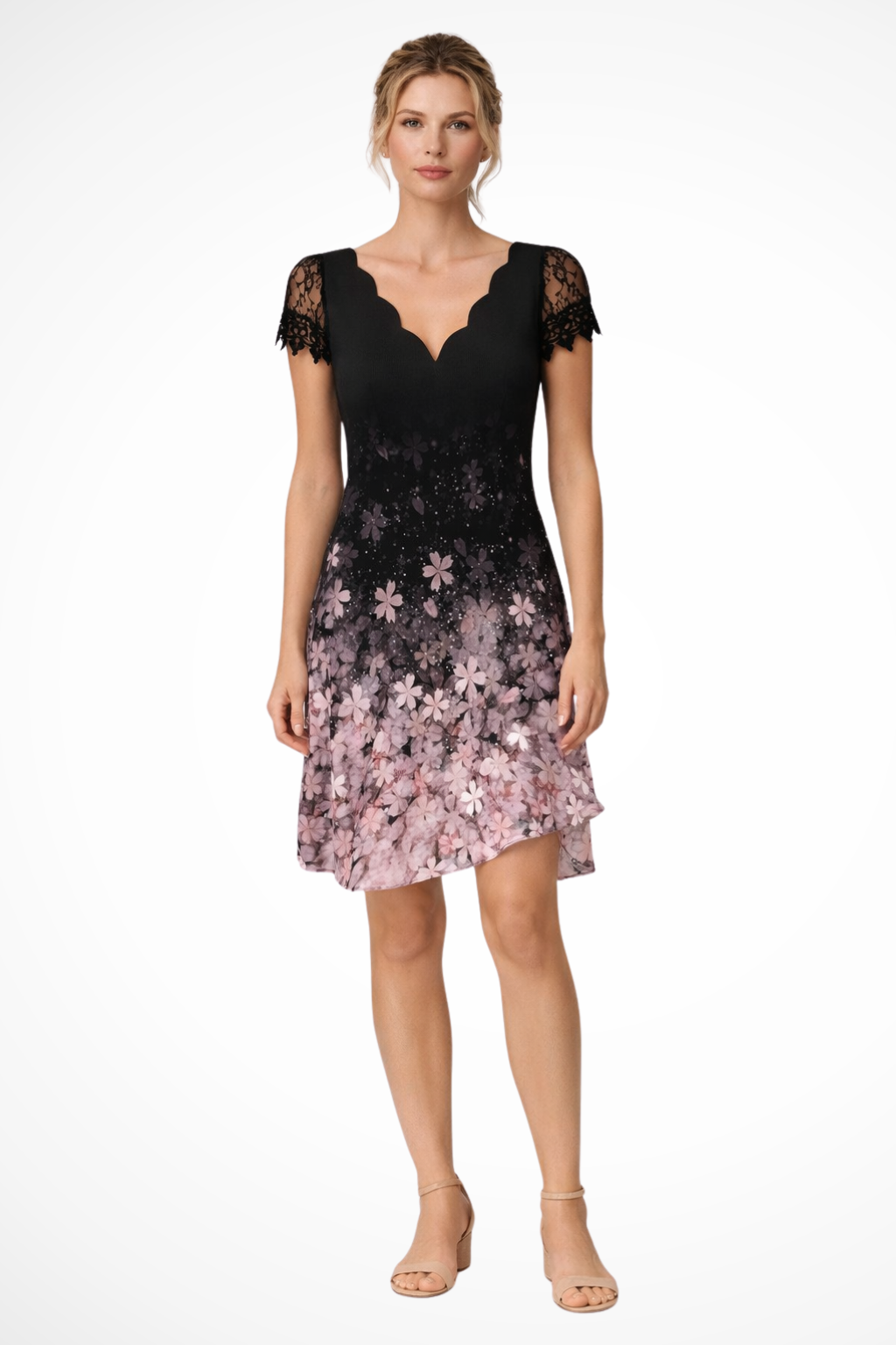 Luneth | Elegant Lace Sleeve V-Neck Floral Print Knee Length Wedding Guest Dress