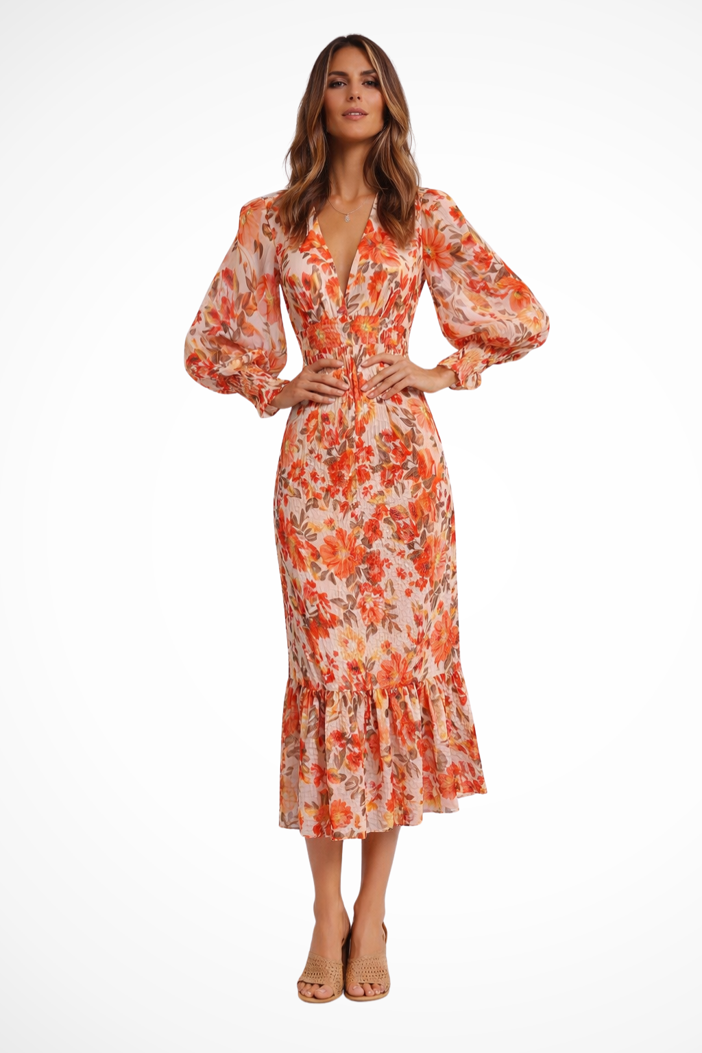 Seraphina | Floral V-Neck Balloon Sleeve Midi Dress