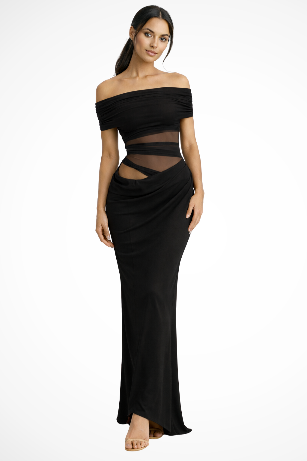 Adrielle | Elegant Off Shoulder Ruched Mesh Bodycon Maxi Dress