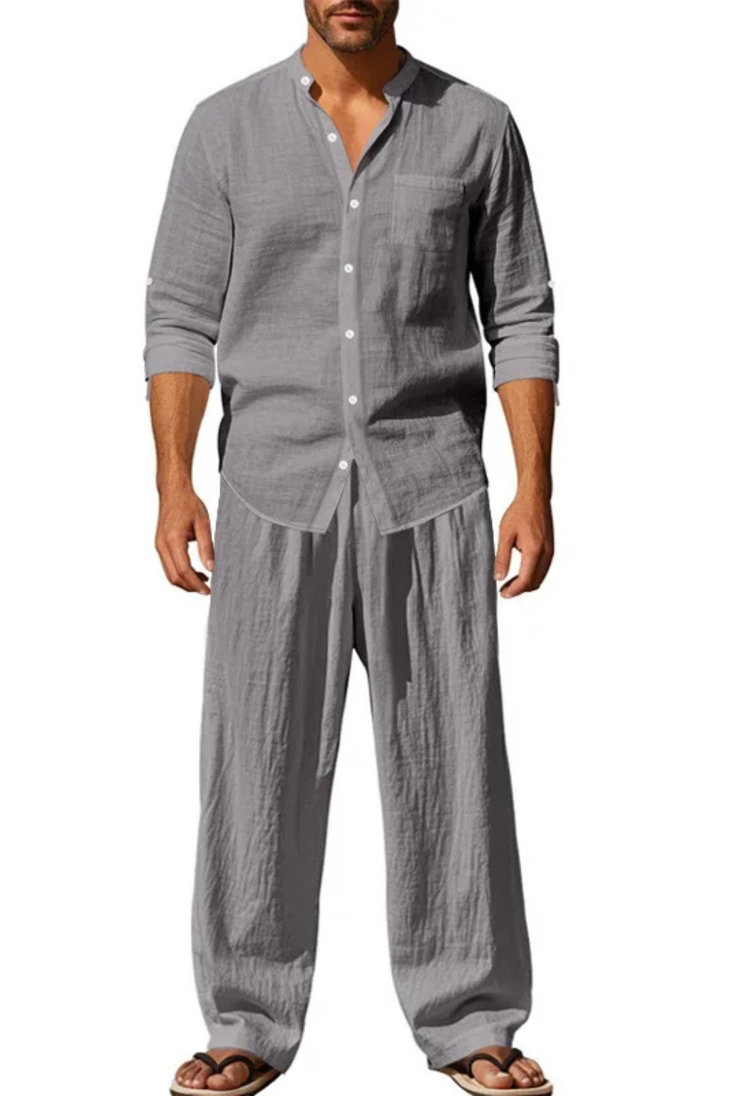 Gareth | Men's Relaxed Linen Grandad Collar Two Piece Set