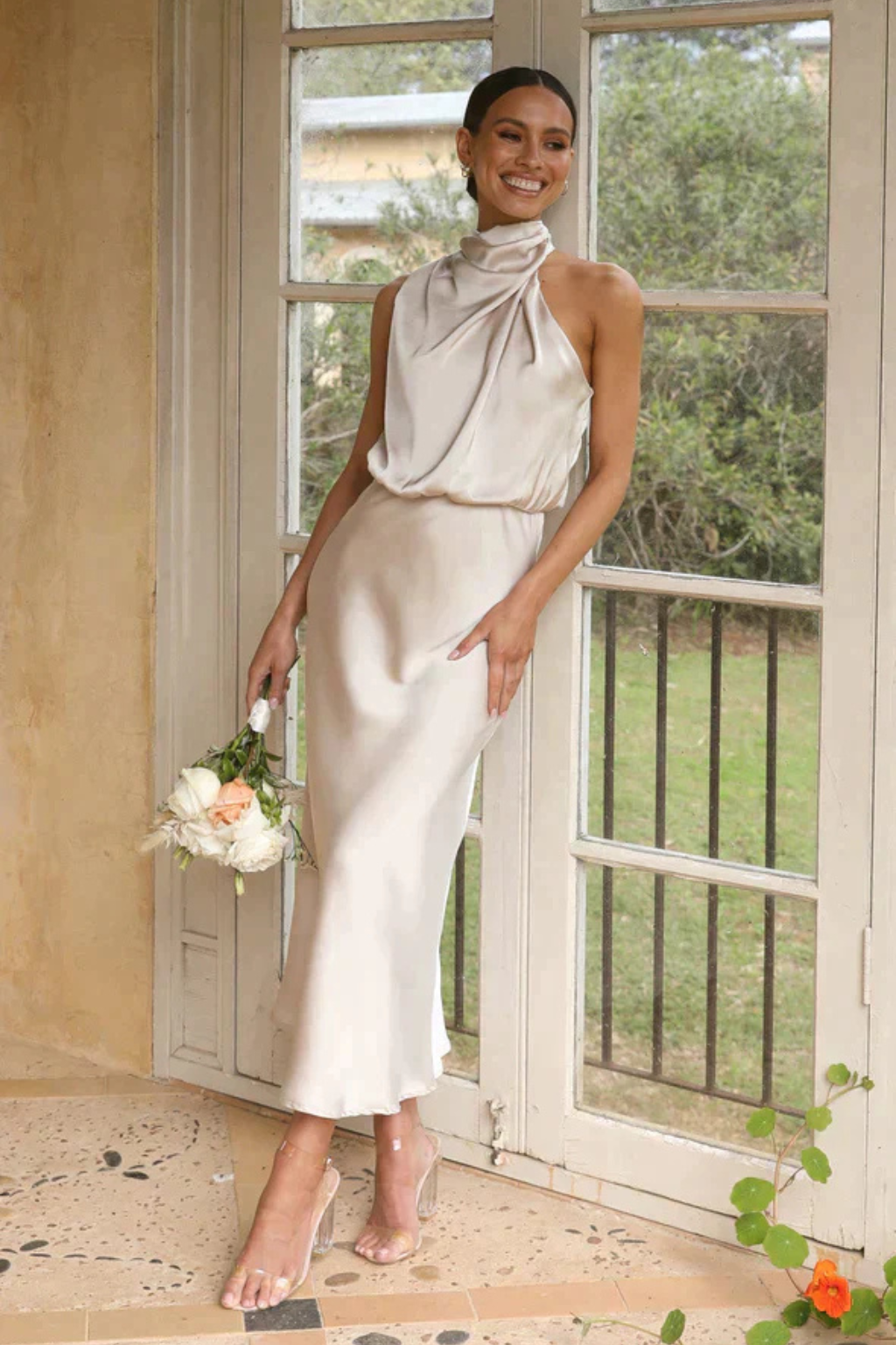 Adrielle | Elegant Halter Neck Satin Midi Dress