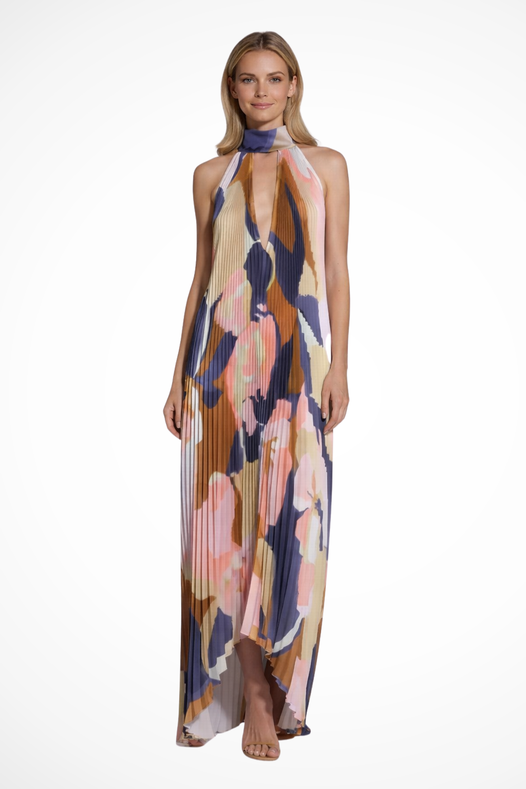Luneth | Elegant Pleated Halter Maxi Dress