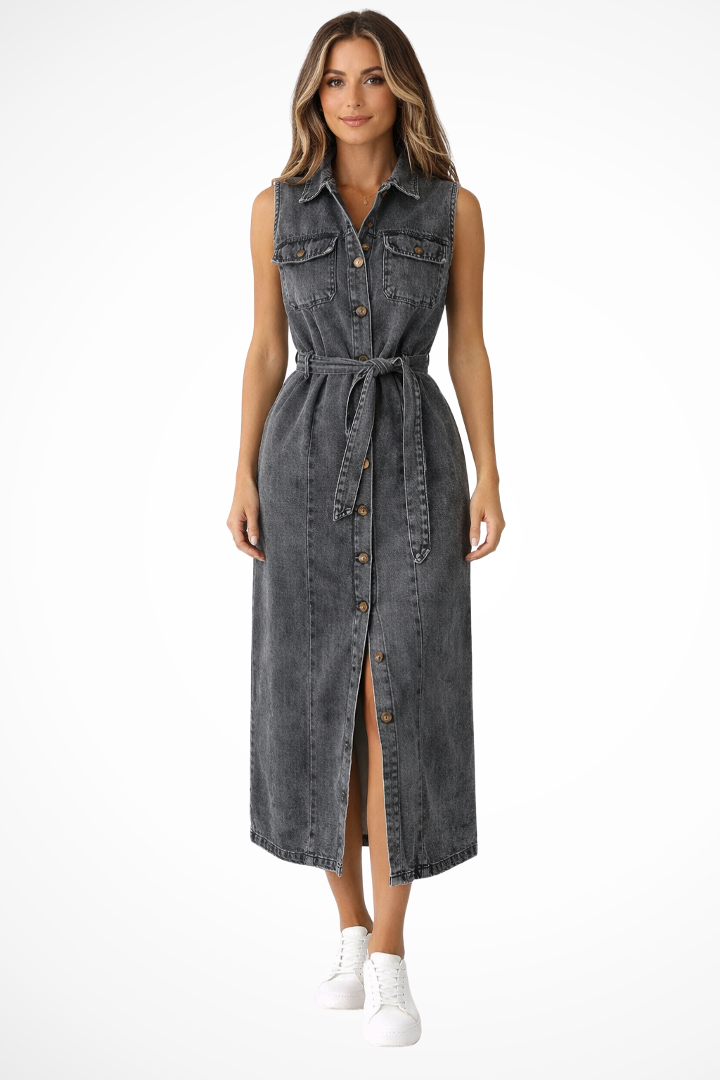Adrienne | Effortless Belted Button Down Denim Maxi Dress