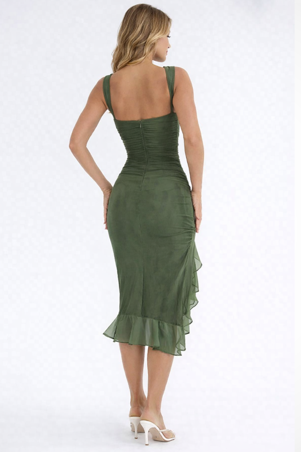 Claribel | Elegant Ruched Asymmetric Midi Wedding Guest Dress