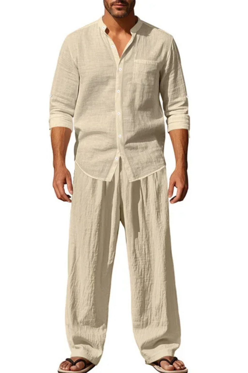 Gareth | Men's Relaxed Linen Grandad Collar Two Piece Set
