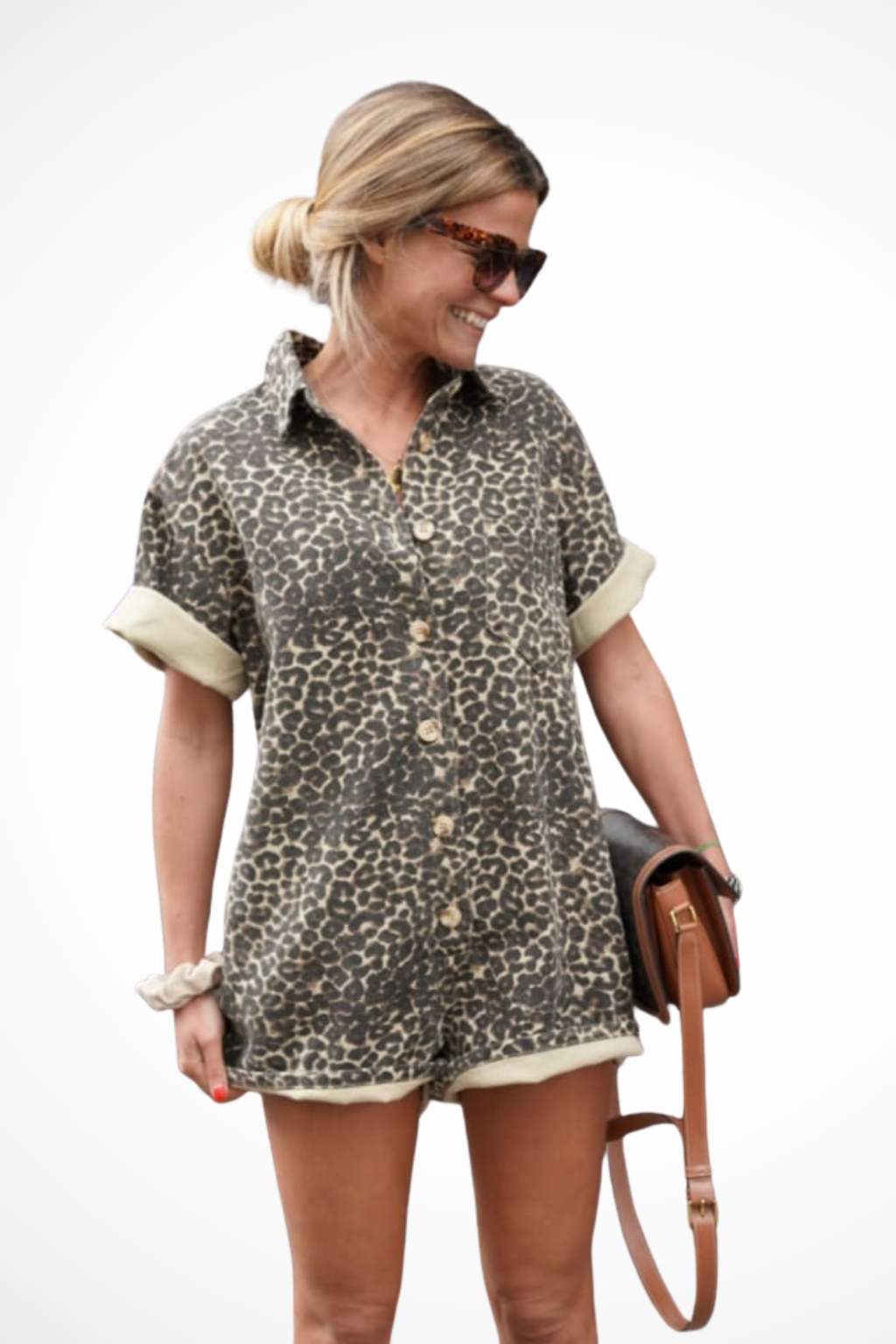Luneth | Effortless Leopard Print Button Front Romper
