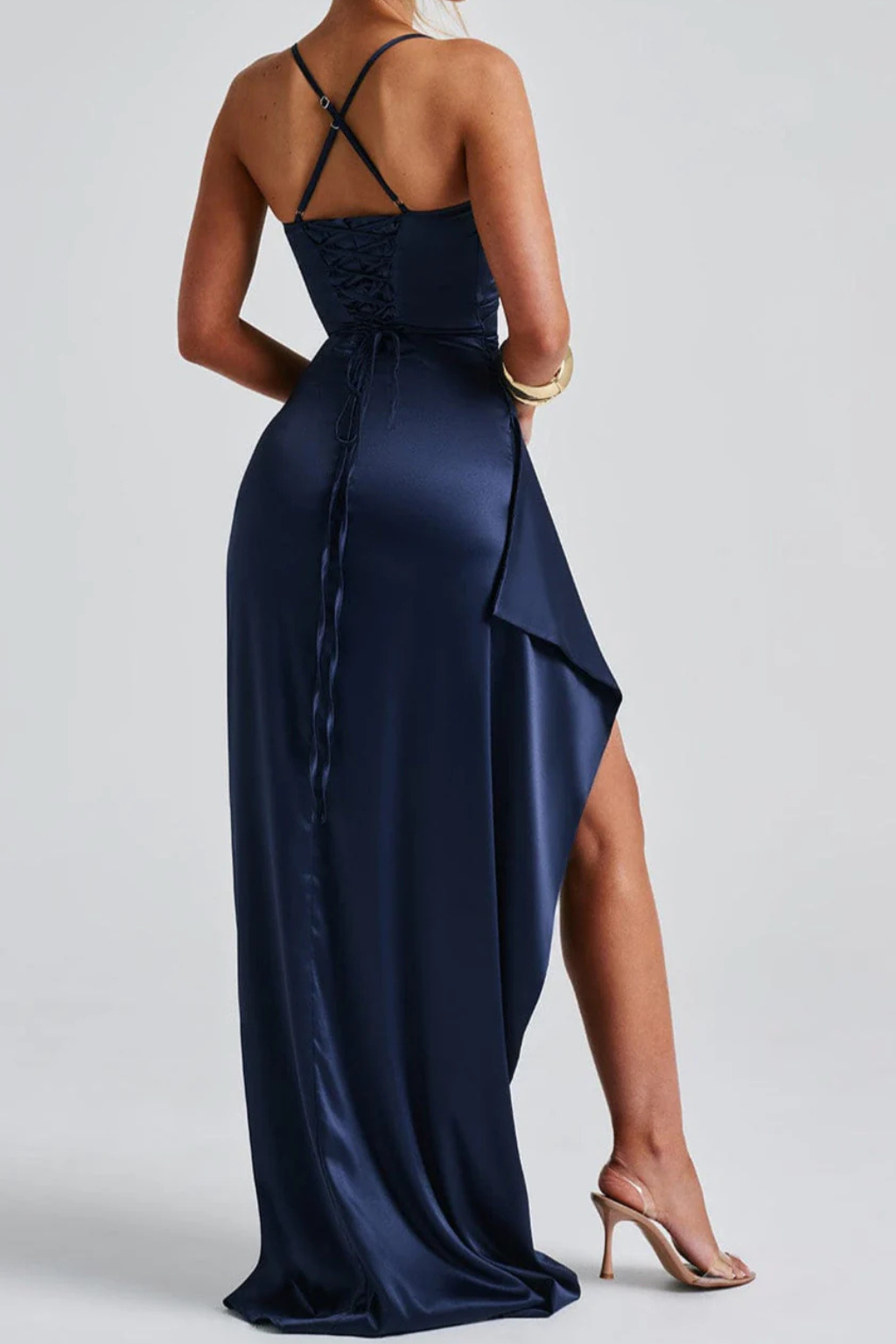 Claribel | Elegant Ruched Spaghetti Strap High Slit Formal Maxi Dress
