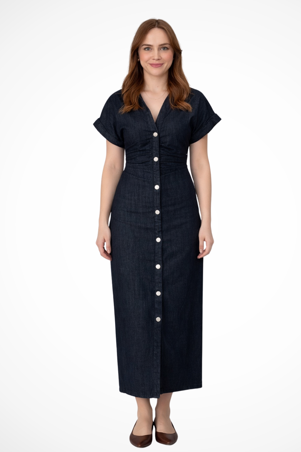 Luneth | Elegant Button-Front Denim Maxi Dress