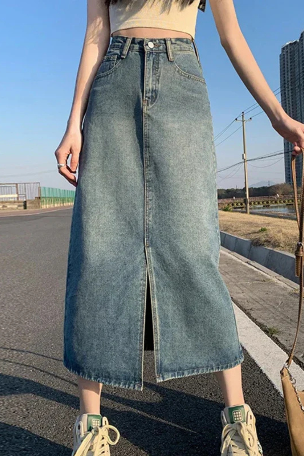 Adrielle | Classic A-Line Front Split Jean Skirt