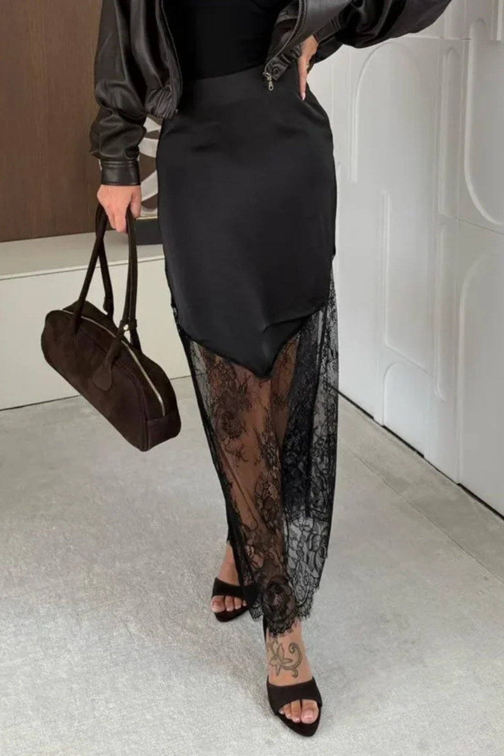 Seraphina | Elegant Asymmetric Lace Hem Satin Maxi Skirt