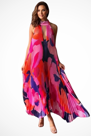 Luneth | Elegant Pleated Halter Maxi Dress