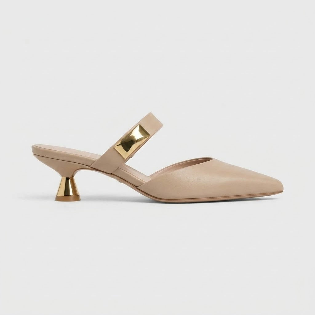 Women's Kitten Heel Mules Pointed Toe Buckle Strap Slip-On