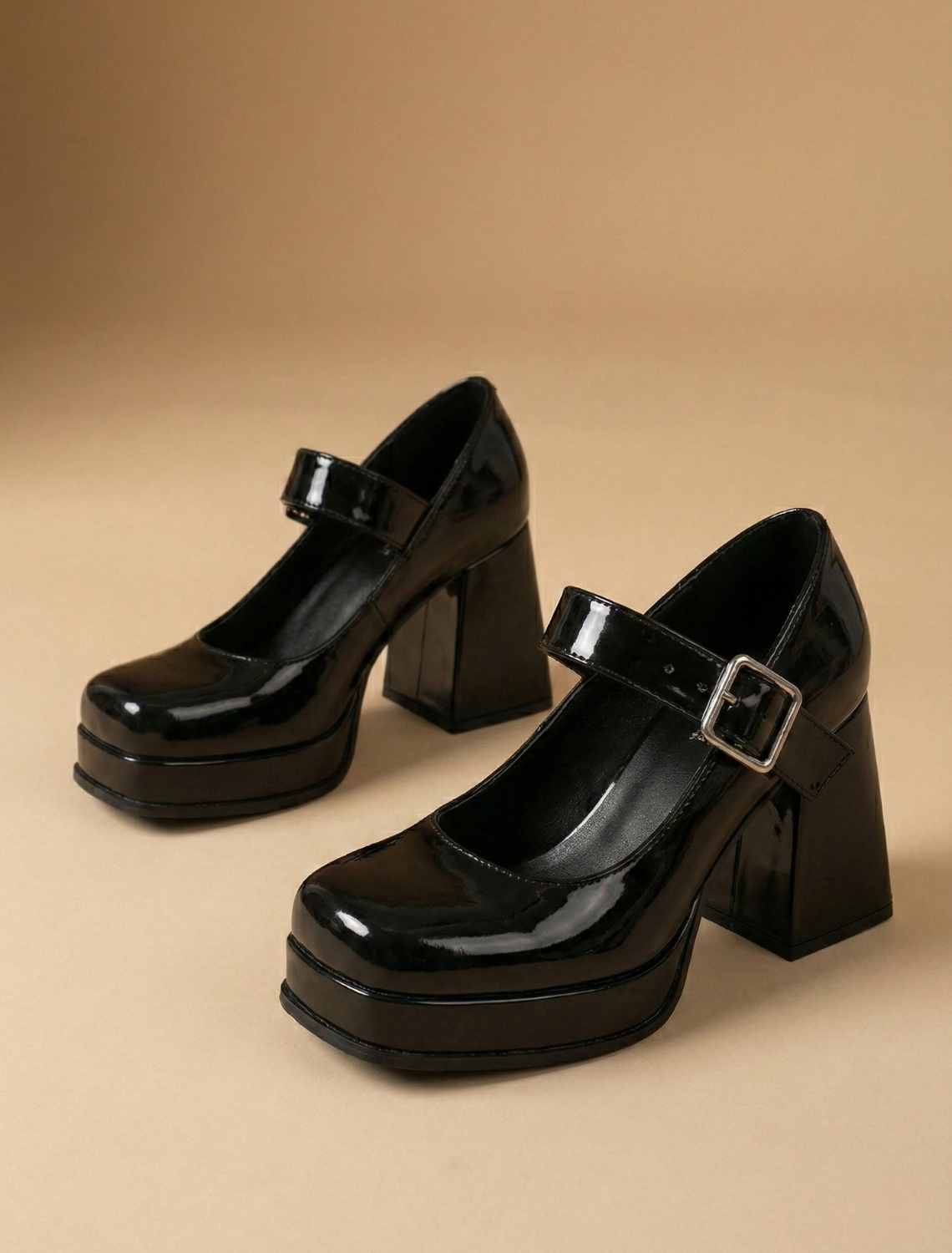 Women's Mary Jane Heels Patent Platform Block Heel Buckle Strap